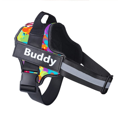 Rainbow personalized ID dog harness with Buddy name patch