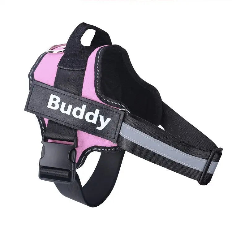 Pink personalized ID dog harness with Buddy name patch