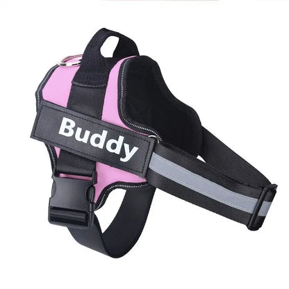 Pink personalized ID dog harness with Buddy name patch