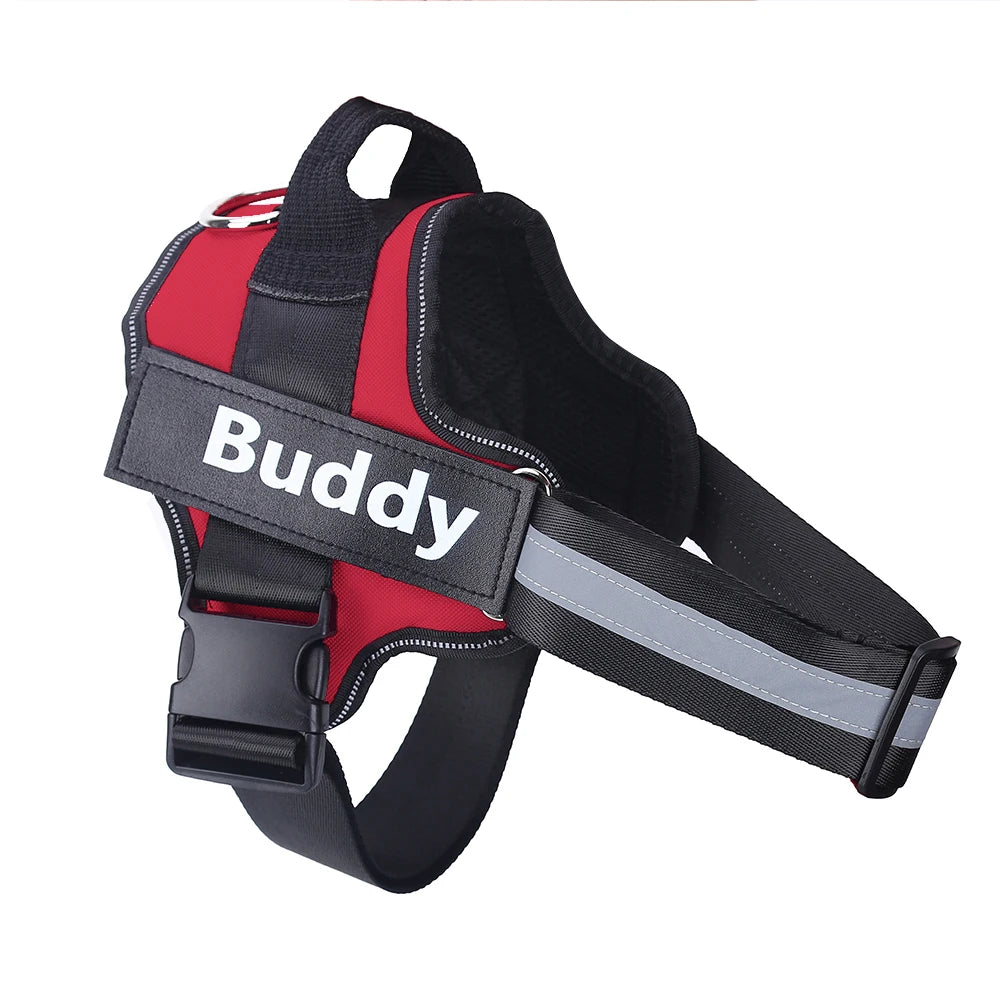 Red personalized ID dog harness with Buddy name patch