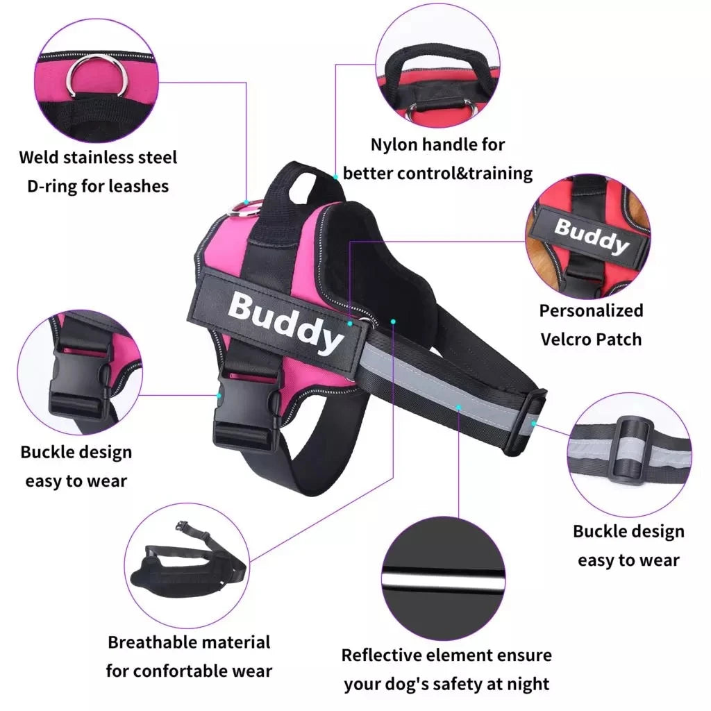 Harness features: steel D-ring for leashes, nylon grab handle, personalized velcro patch, easy buckles, breathable padding and reflective strips