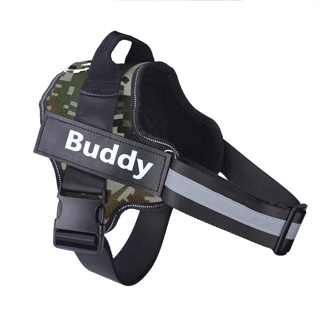 Green camo personalized ID dog harness with Buddy name patch