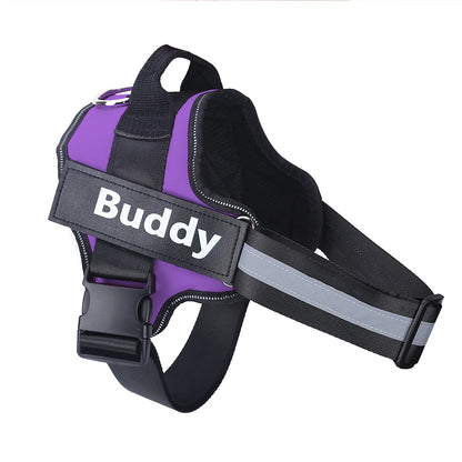 Purple personalized ID dog harness with Buddy name patch