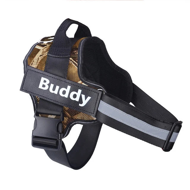 Autumn leaves personalized ID dog harness with Buddy name patch