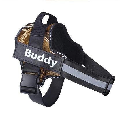 Autumn leaves personalized ID dog harness with Buddy name patch