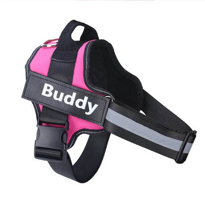 Hot pink personalized ID dog harness with Buddy name patch