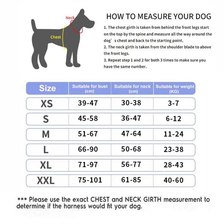 Size chart showing how to measure your dog's chest and neck for the ID harness