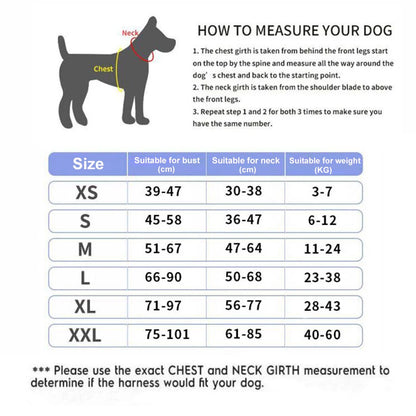Size chart showing how to measure your dog's chest and neck for the ID harness