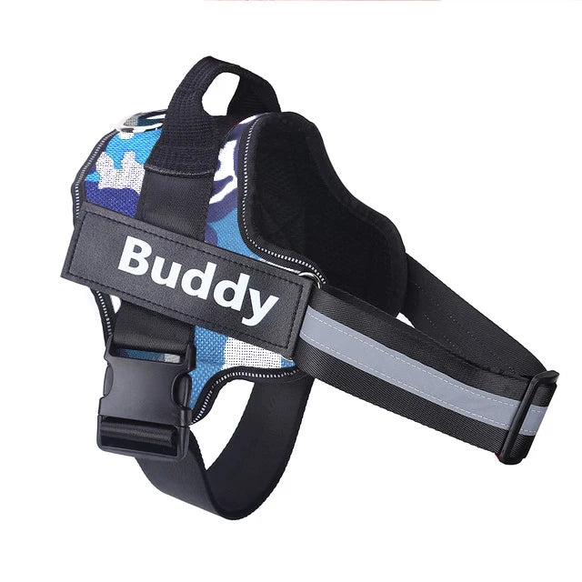 Blue camo personalized ID dog harness with Buddy name patch