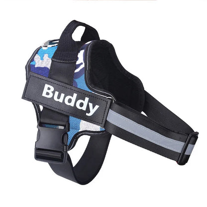 Blue camo personalized ID dog harness with Buddy name patch