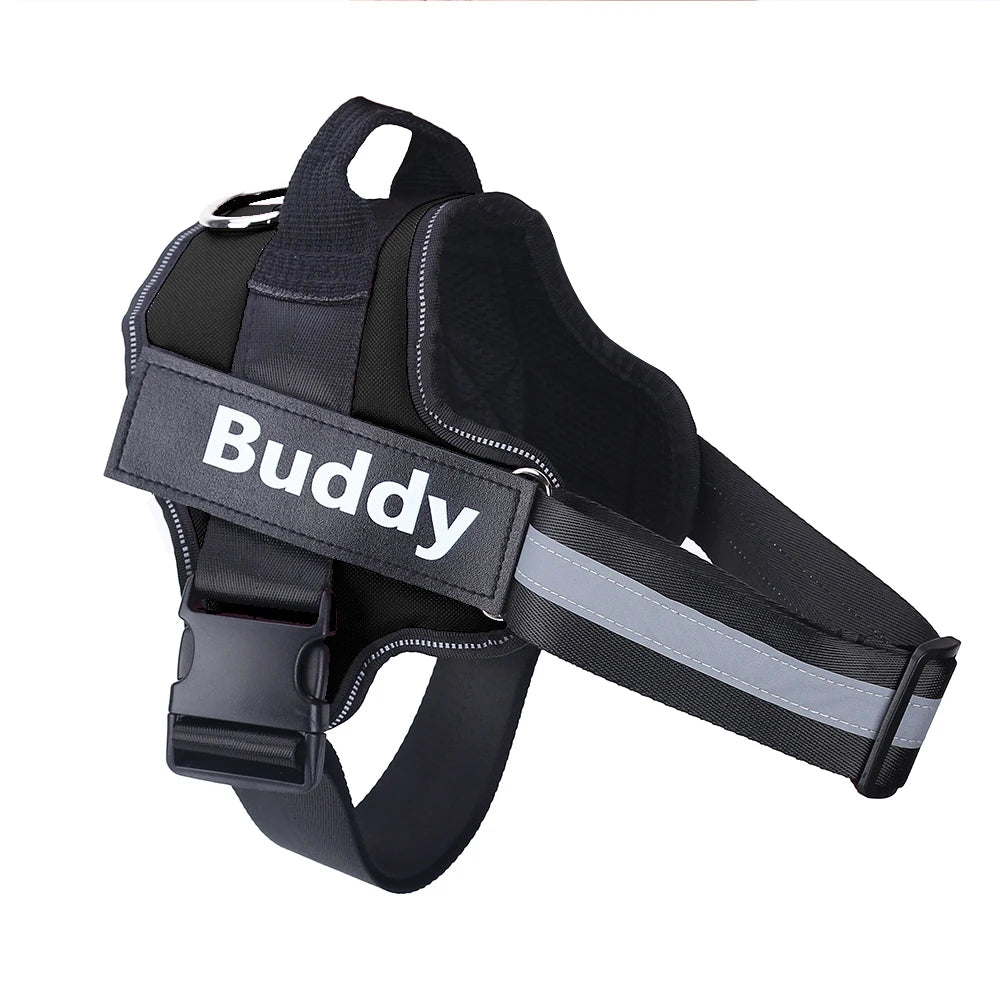 Black personalized ID dog harness with Buddy name patch