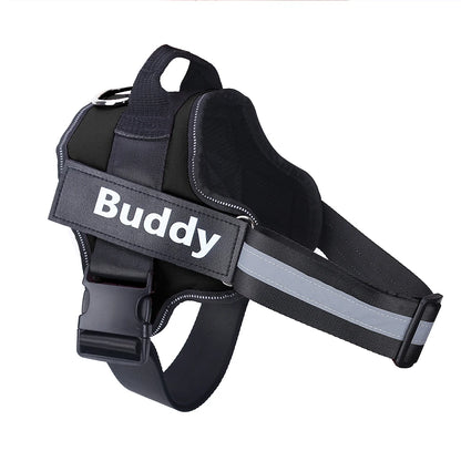 Black personalized ID dog harness with Buddy name patch