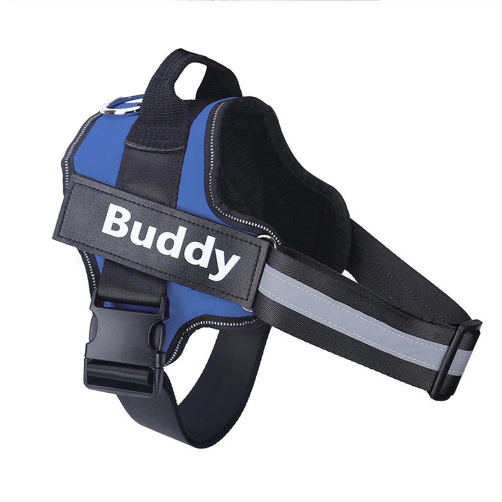Blue personalized ID dog harness with Buddy name patch