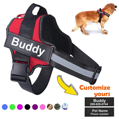Red personalized ID dog harness with a Buddy name patch, shown with custom name and phone number patch options
