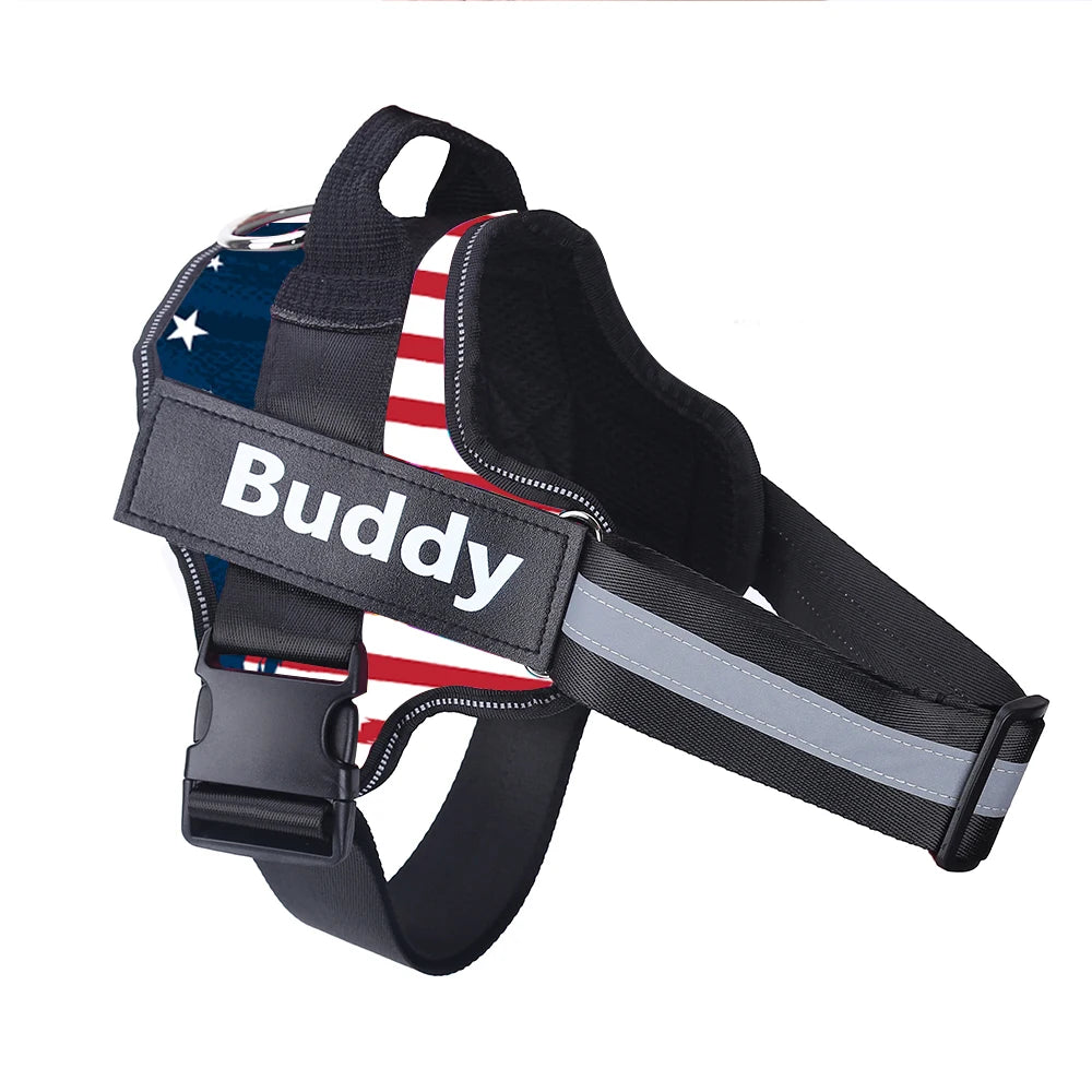 Stars and Stripes personalized ID dog harness with Buddy name patch