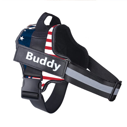 Stars and Stripes personalized ID dog harness with Buddy name patch