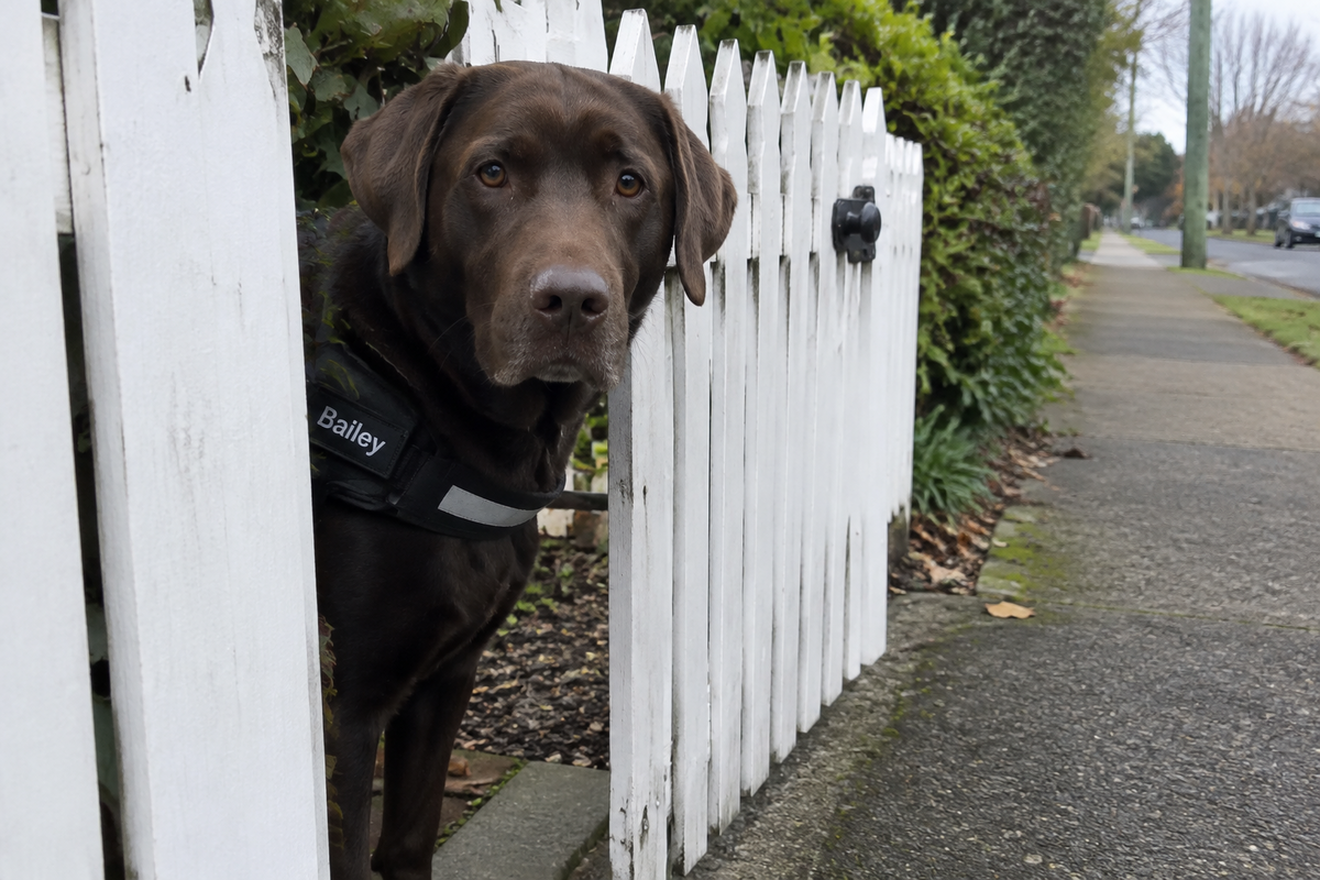 Chocolate labrador in a personalized ID harness at the front gate